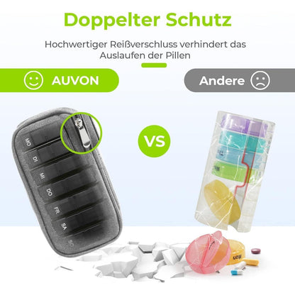 AUVON Tablettenbox 7 Tage 2 Fächer mit Stofftasche Grau