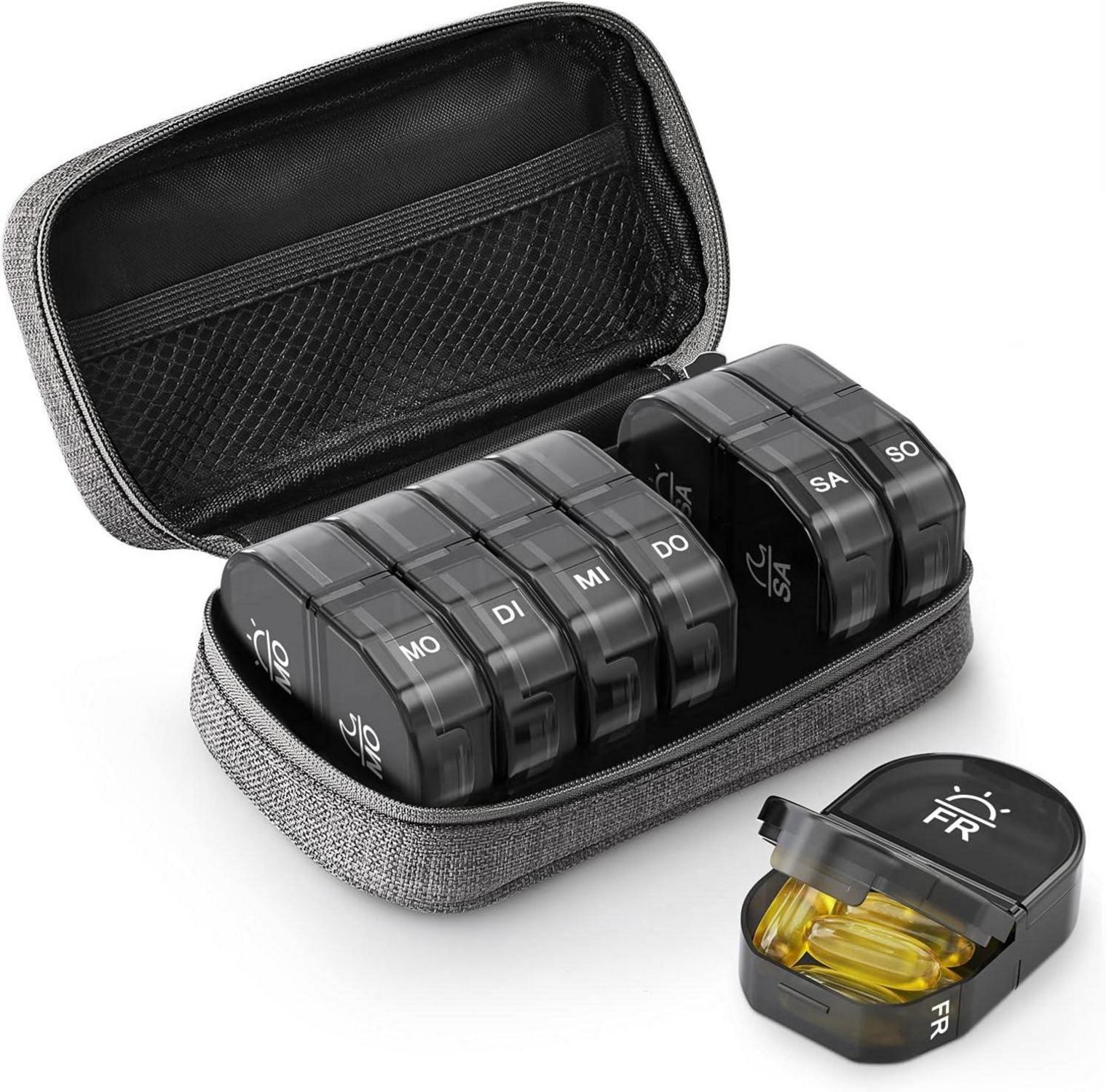 Tablettenbox 7 Tage 2 Fächer mit Canvas Tasche Grau