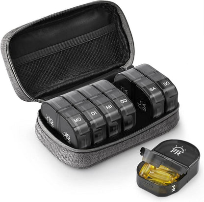 Tablettenbox 7 Tage 2 Fächer mit Canvas Tasche Grau