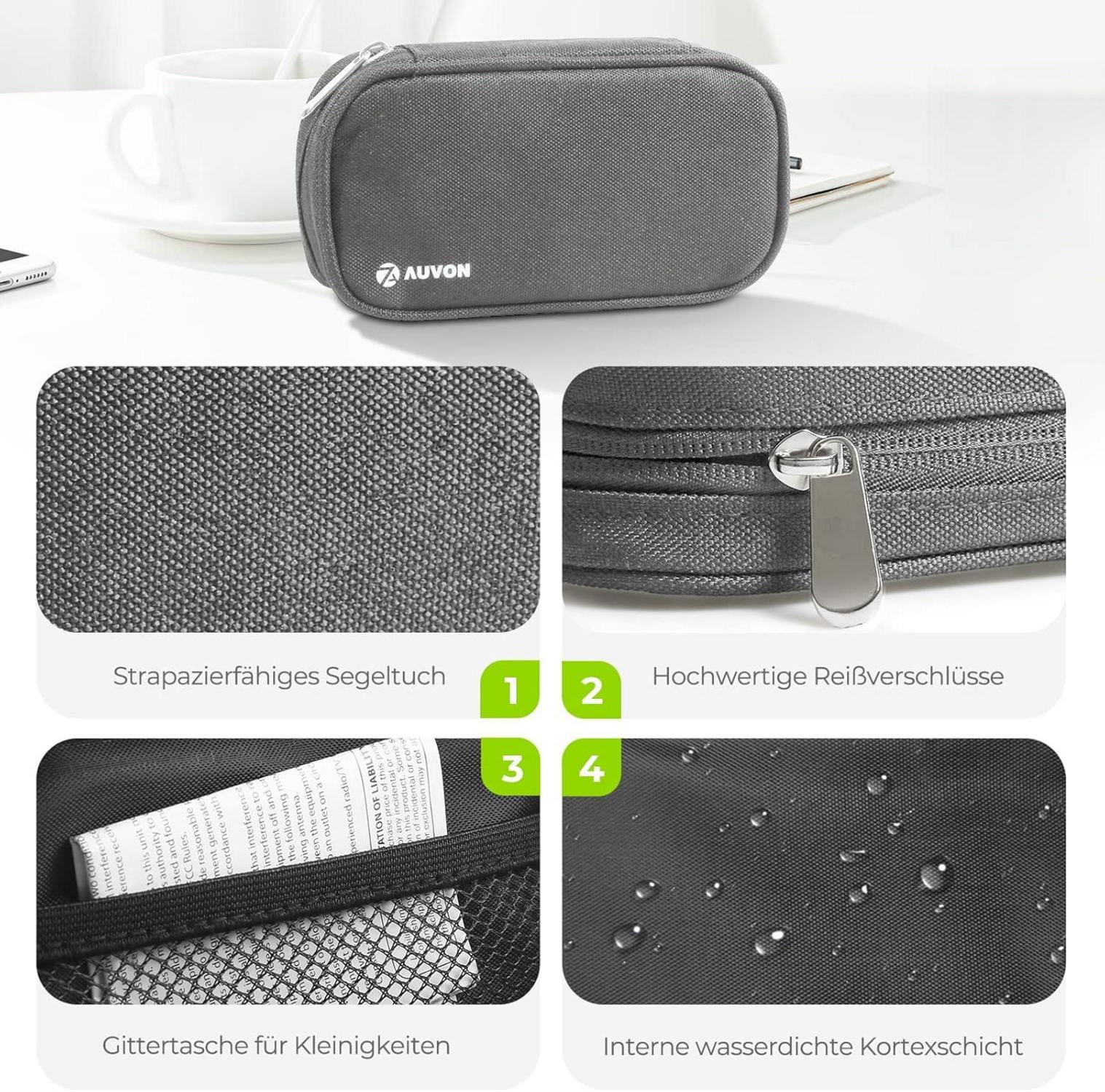 AUVON Tablettenbox 7 Tage 2 Fächer mit Stofftasche Grau