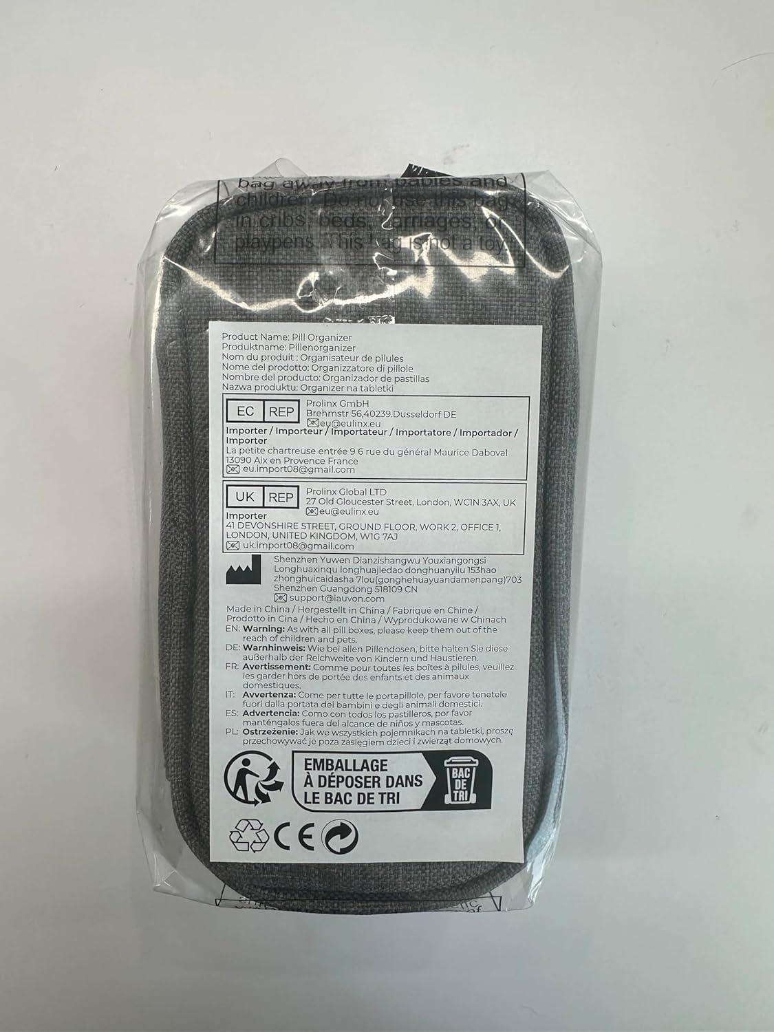 AUVON Tablettenbox 7 Tage 2 Fächer mit Stofftasche Grau