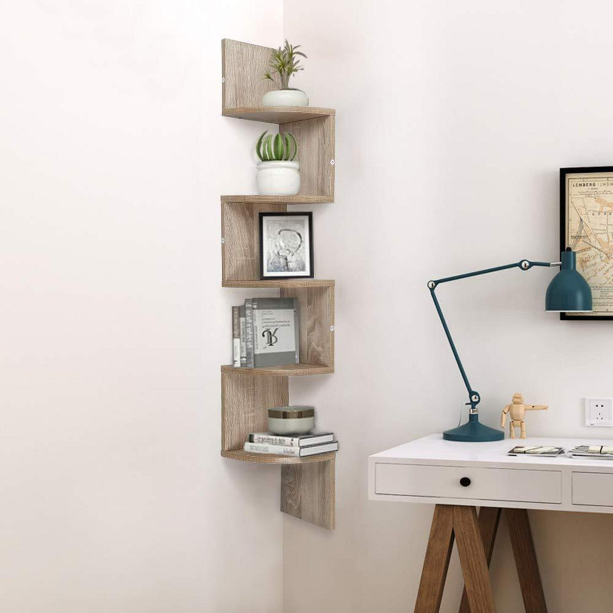Eckregal MDF 5 Ebenen Eiche Hängeregal Bücherregal 20x20x123cm
