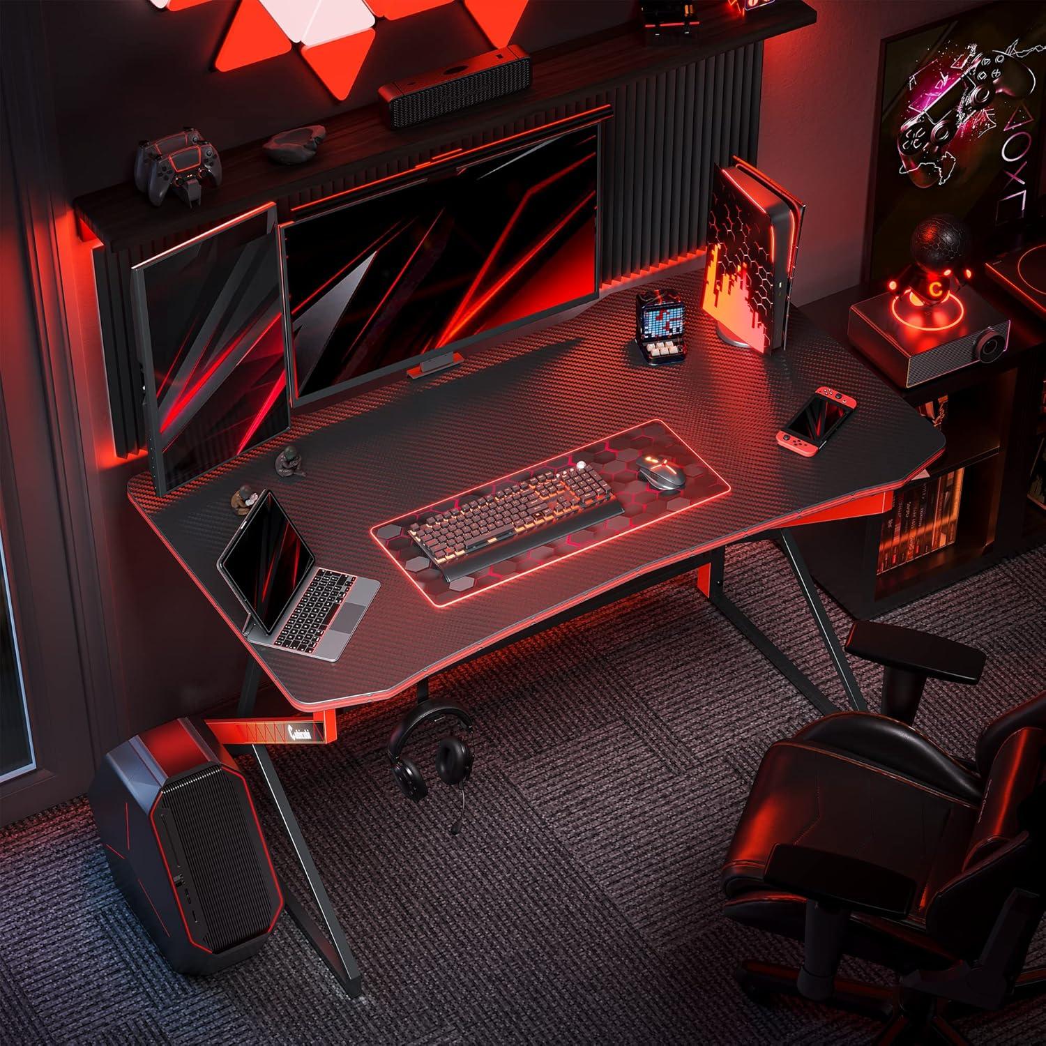 Gaming Schreibtisch Kohlefaser Schwarz 100x60cm PC Tisch Kopfhörerhaken