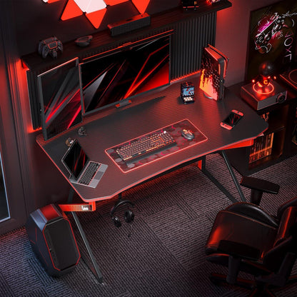 Gaming Tisch Kohlefaser Schwarz 120 x 60 cm Kopfhörerhaken Stabil PC Tisch