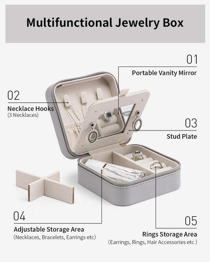 Vlando Schmuckkästchen Reise Schmuckbox mit Spiegel Leder Aufbewahrung Grau