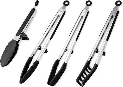 4er Grillzange Set aus Silikon & Edelstahl - Küchenzange BBQ Servierzange