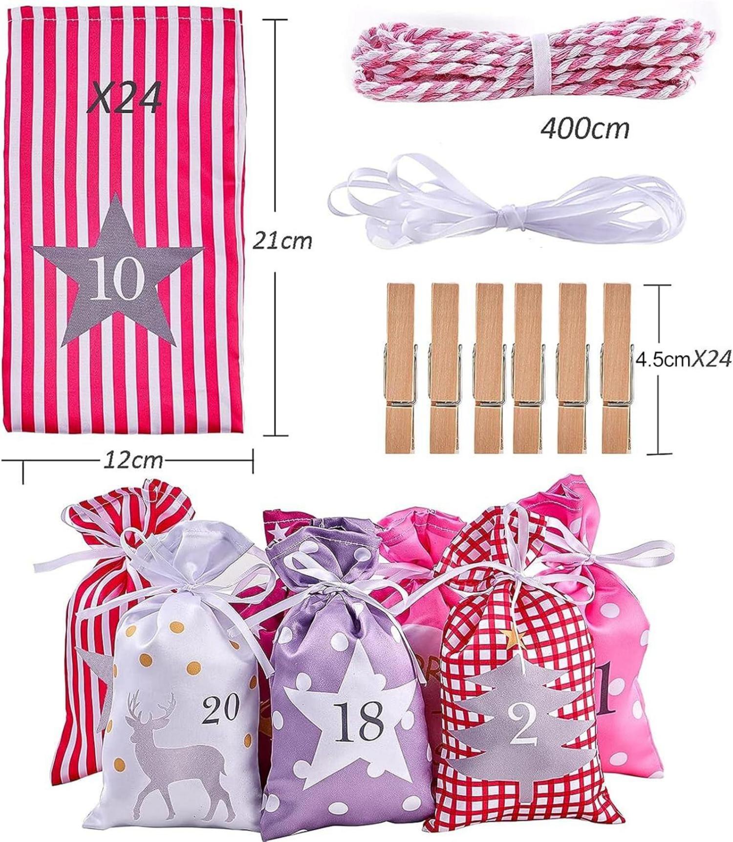 DIY Adventskalender Groß 24 Stoffbeutel zum Befüllen Kette Weihnachtskalender