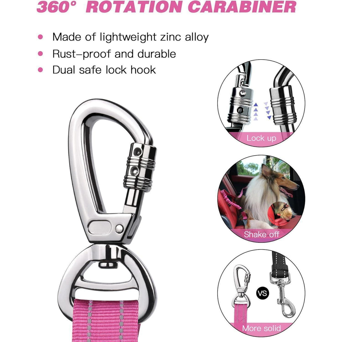 Hund Auto Sicherheitsgurt mit Bungee & 360° Drehklickverschluss Rosa