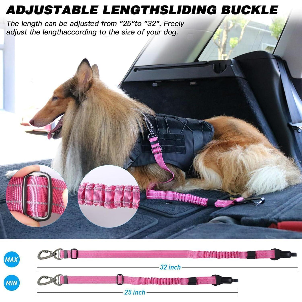 Hund Auto Sicherheitsgurt mit Bungee & 360° Drehklickverschluss Rosa