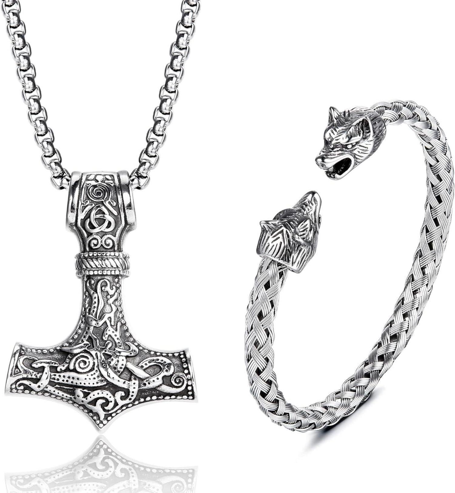 Wikinger Thors Hammer Halskette Wolfskopf Armband Set Edelstahl Herren