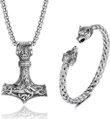 Wikinger Thors Hammer Halskette Wolfskopf Armband Set Edelstahl Herren