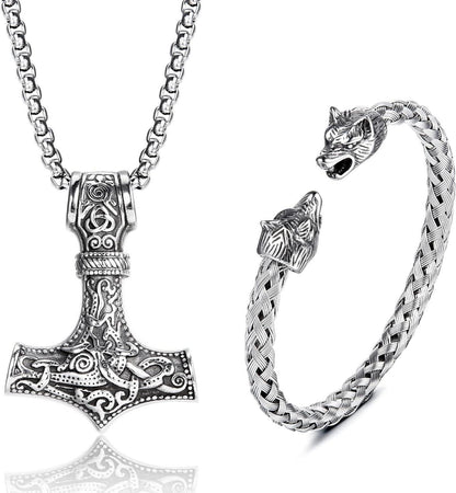 Wikinger Thors Hammer Halskette Wolfskopf Armband Set Edelstahl Herren