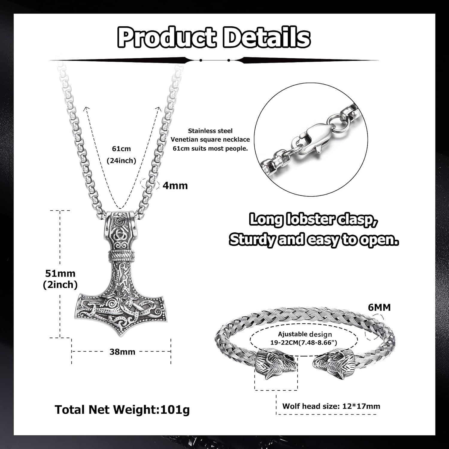 Wikinger Thors Hammer Halskette und Armband Set Edelstahl