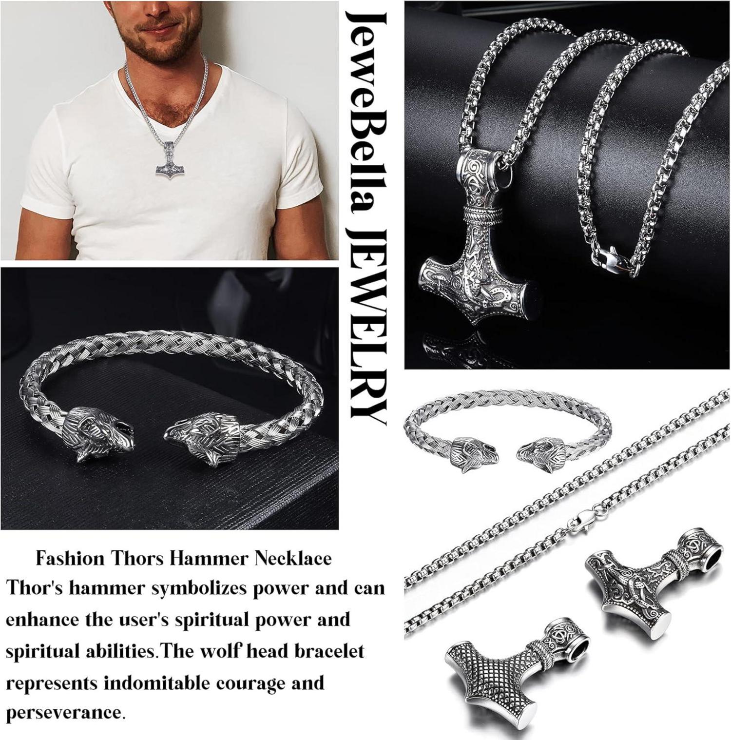 Wikinger Herrenschmuck Set Thor Hammer Halskette Wolfskopf Armband Edelstahl