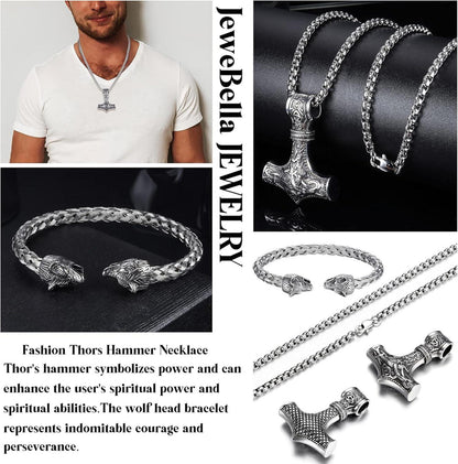 Wikinger Herrenschmuck Set Thor Hammer Halskette Wolfskopf Armband Edelstahl