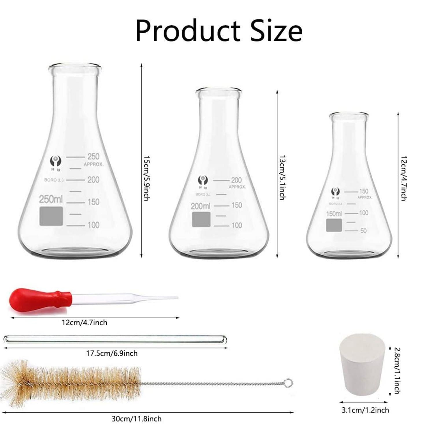 Glas Erlenmeyerkolben Set 250ml 200ml 150ml mit Messzylinder