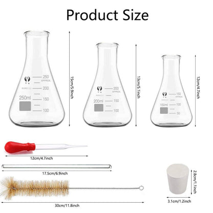 Glas Erlenmeyerkolben Set 250ml 200ml 150ml mit Messzylinder