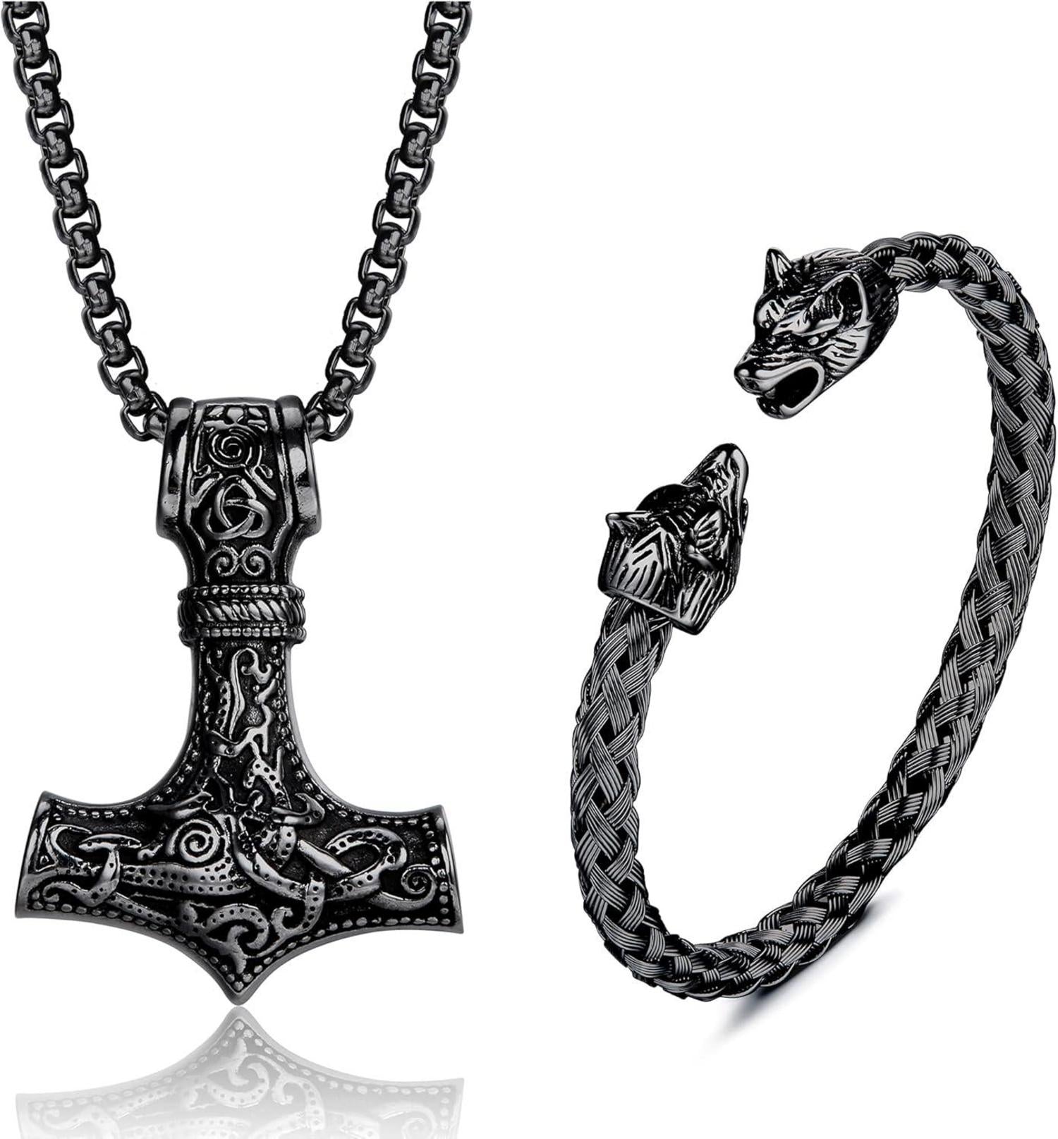 Wikinger Thors Hammer Halskette Wolfskopf Armband Set Edelstahl