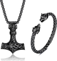 Wikinger Thors Hammer Halskette Wolfskopf Armband Set Edelstahl