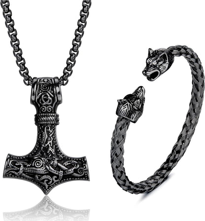 Wikinger Thors Hammer Halskette Wolfskopf Armband Set Edelstahl