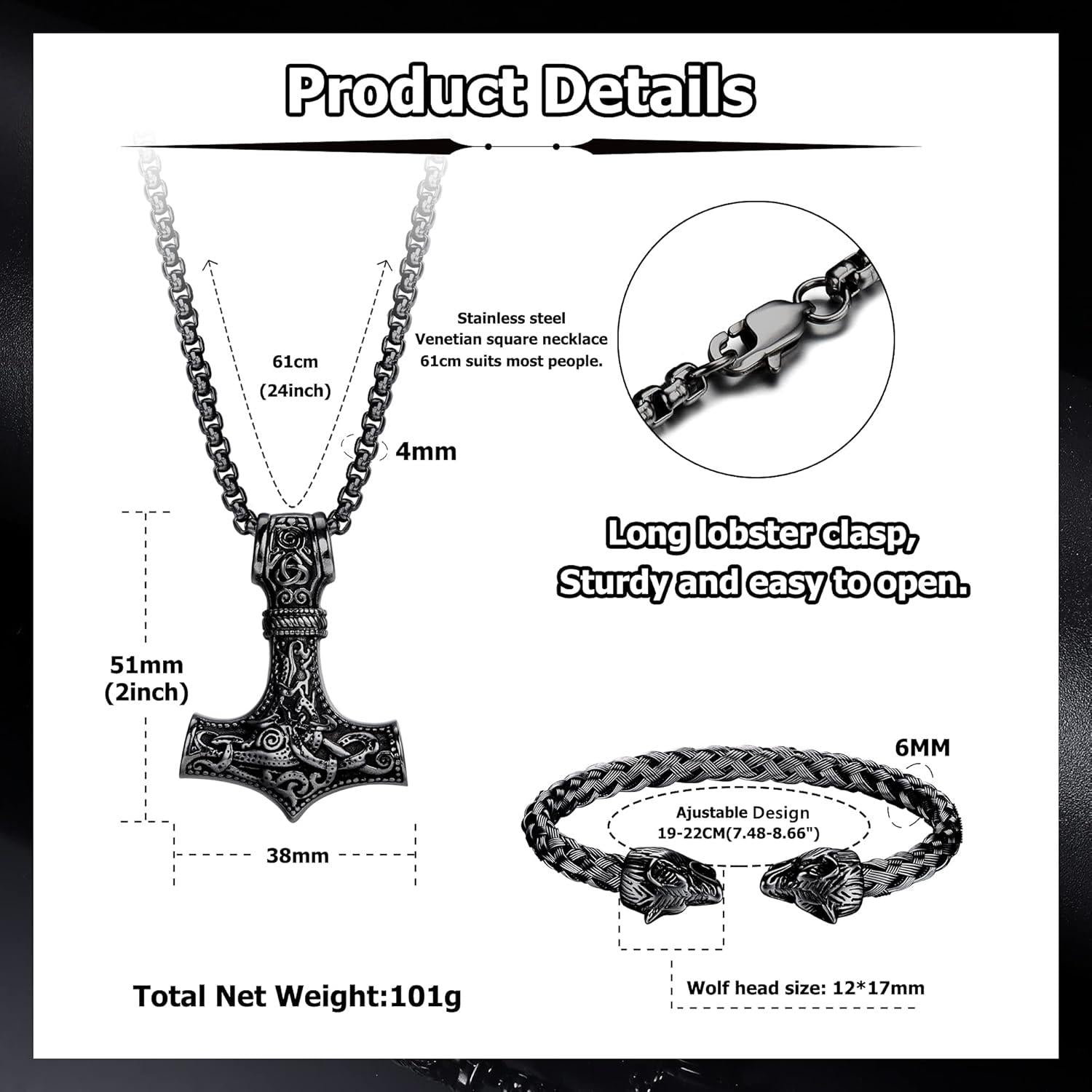 Thors Hammer Halskette Wikinger Wolfskopf Armband Set