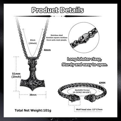 Thors Hammer Halskette Wikinger Wolfskopf Armband Set