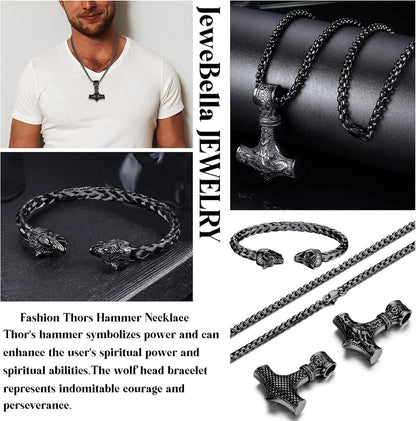Wikinger Thors Hammer Halskette Wolfskopf Armband Set Herren Mjolnir Edelstahl Herrenschmuck