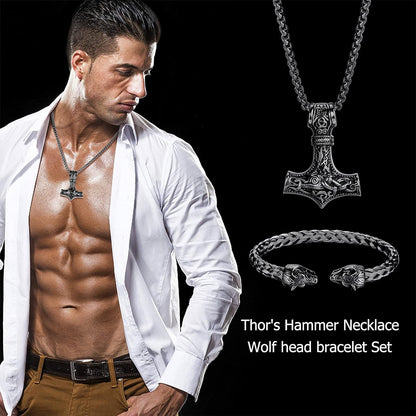 Wikinger Thors Hammer Halskette Wolfskopf Armband Set Herren Mjolnir Edelstahl