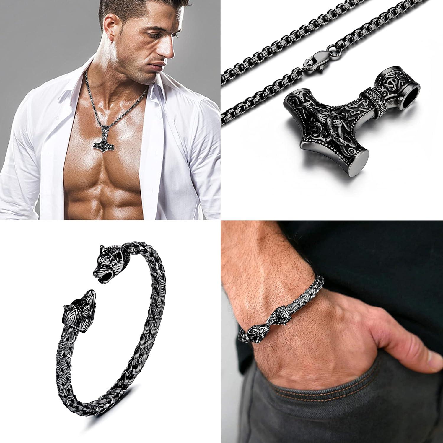 Wikinger Thors Hammer Halskette Wolfskopf Armband Set Herren Mjolnir Edelstahl