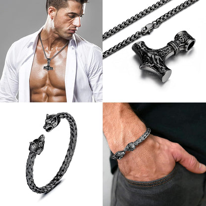 Wikinger Thors Hammer Halskette Wolfskopf Armband Set Herren Mjolnir Edelstahl