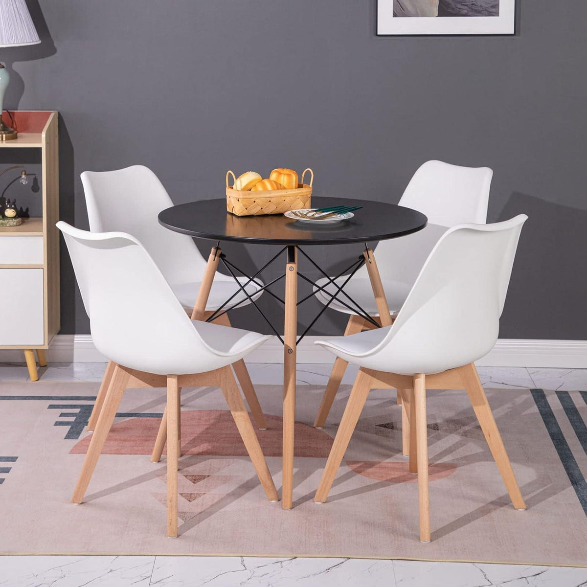 Rundes Esszimmer-Set mit 4 skandinavischen Stühlen, Schwarz Weiß