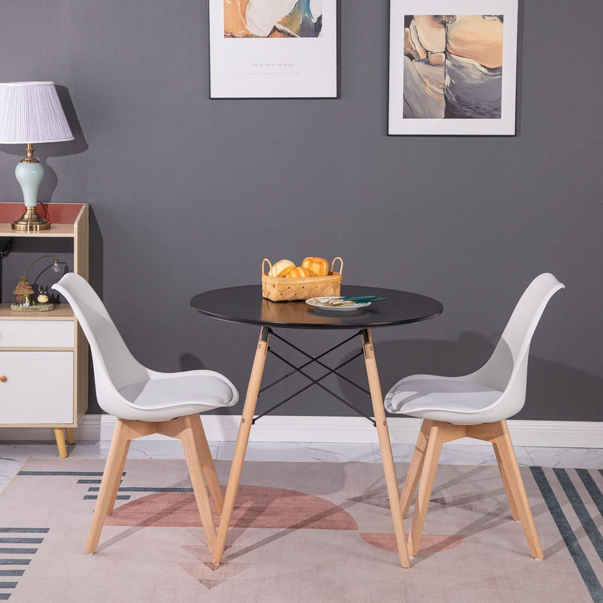 Rundes Esszimmer-Set mit 4 skandinavischen Stühlen, Schwarz Weiß