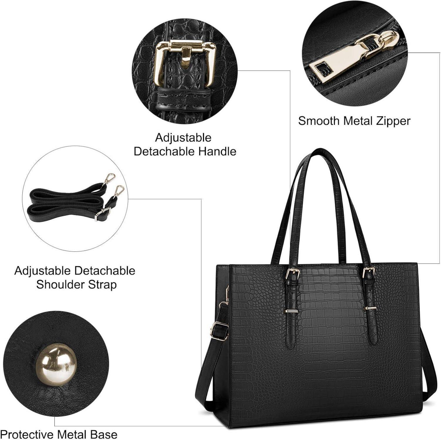 Lubardy Handtasche Damen Schwarz Groß 15.6 Zoll Laptop Elegant PU-Leder