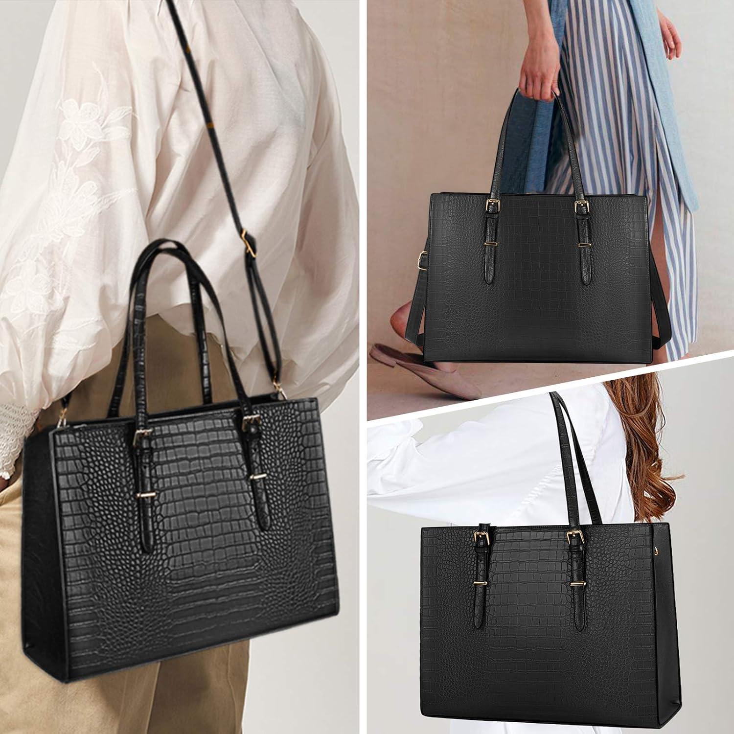 Große Damen Handtasche Schwarz Laptop Shopper 15.6 Zoll Elegant PU