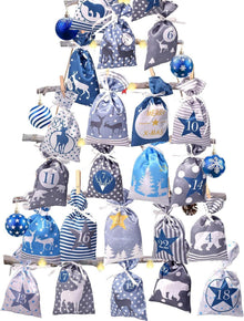 DIY Adventskalender Stoffbeutel Set 24 Jutesäcke Kette basteln Blau