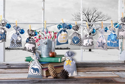 DIY Adventskalender Stoffbeutel Set 24 Jutesäcke Kette basteln Blau