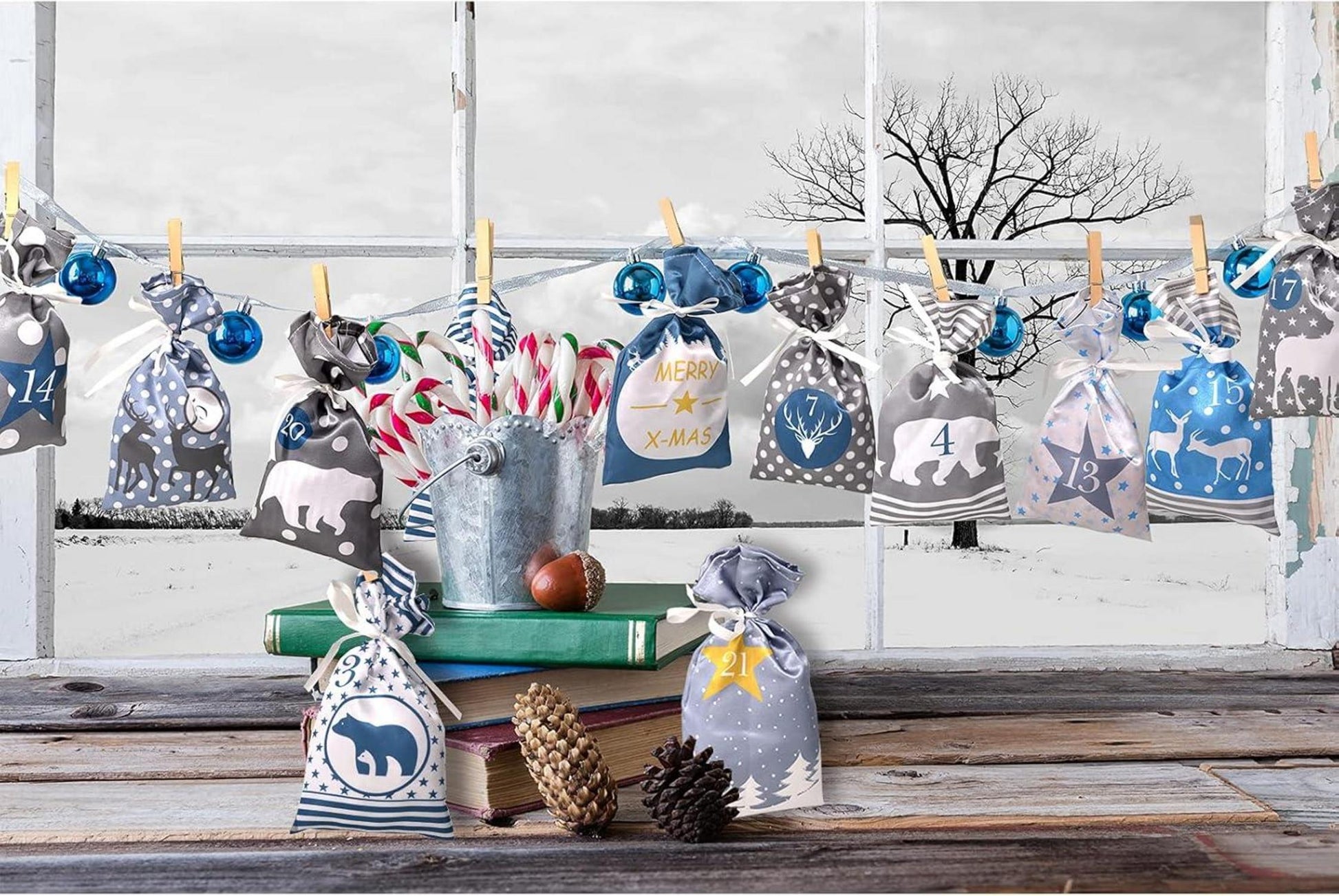 DIY Adventskalender Stoffbeutel Set 24 Jutesäcke Kette basteln Blau