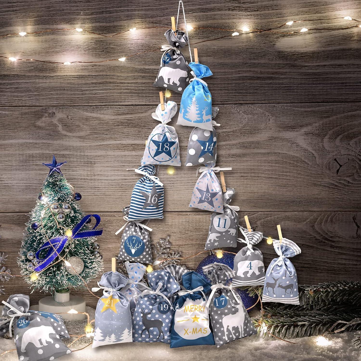 Adventskalender zum Befüllen Stoffbeutel, DIY-Set mit 24 Säckchen - Blau Grau Weihnachtskalender