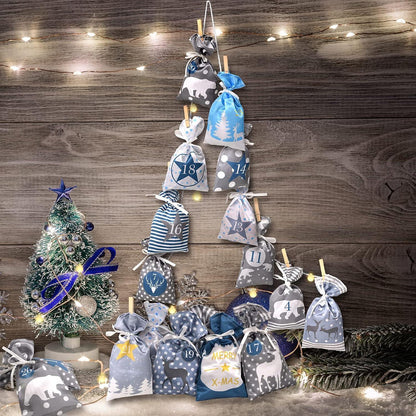 Adventskalender zum Befüllen Stoffbeutel, DIY-Set mit 24 Säckchen - Blau Grau Weihnachtskalender