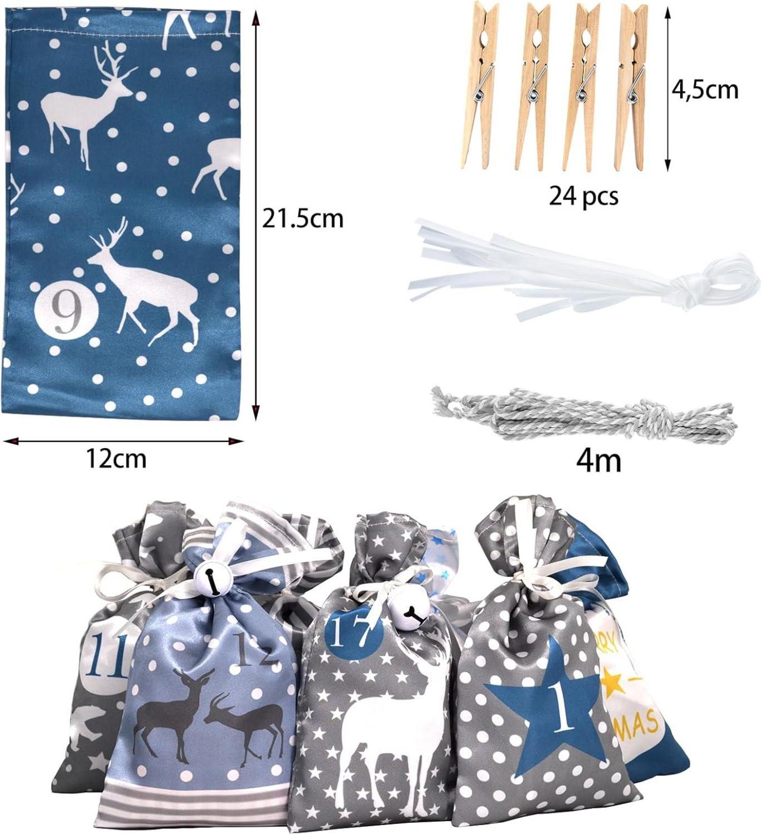 DIY Adventskalender Set 24 Blau Grau Stoffsäckchen Weihnachtskalender