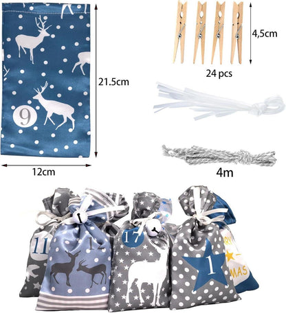DIY Adventskalender Set 24 Blau Grau Stoffsäckchen Weihnachtskalender