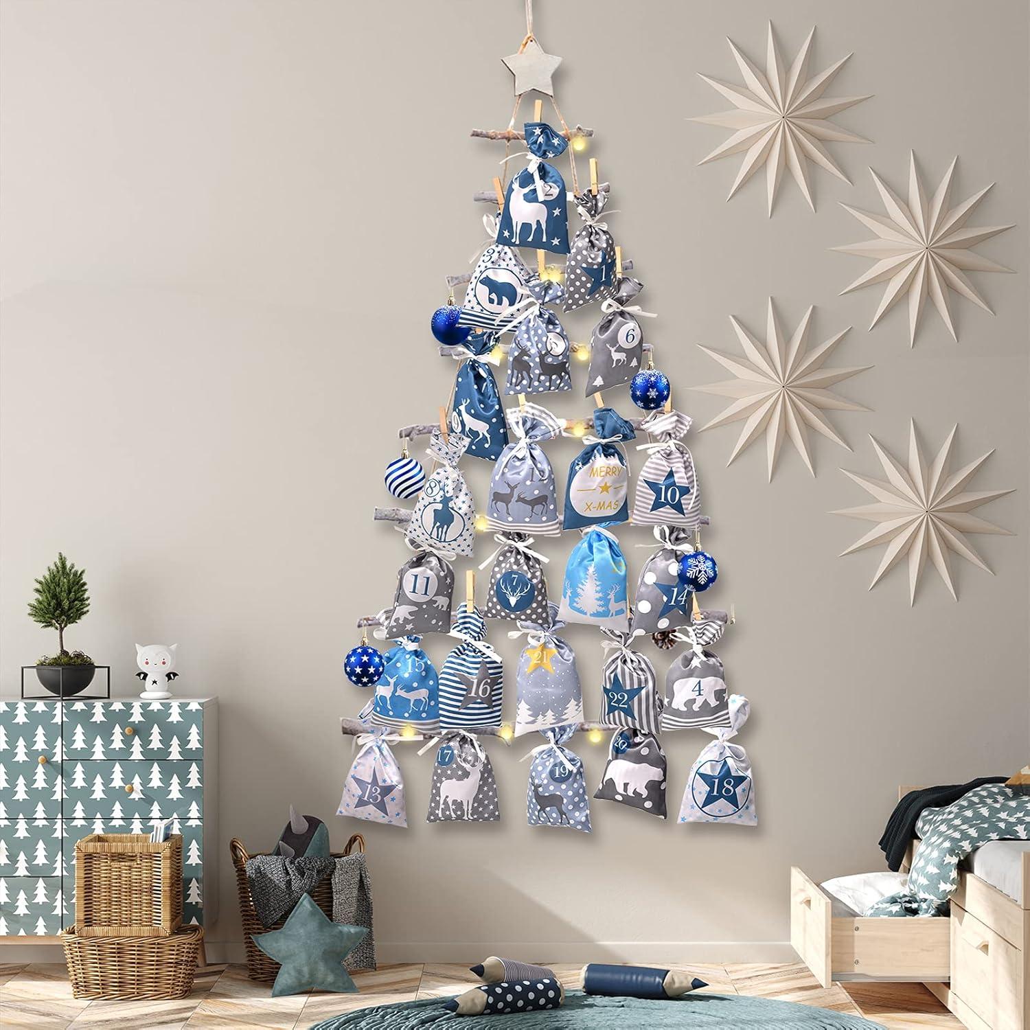 Adventskalender zum Befüllen Stoffbeutel, DIY-Set mit 24 Säckchen - Blau Grau Weihnachtskalender
