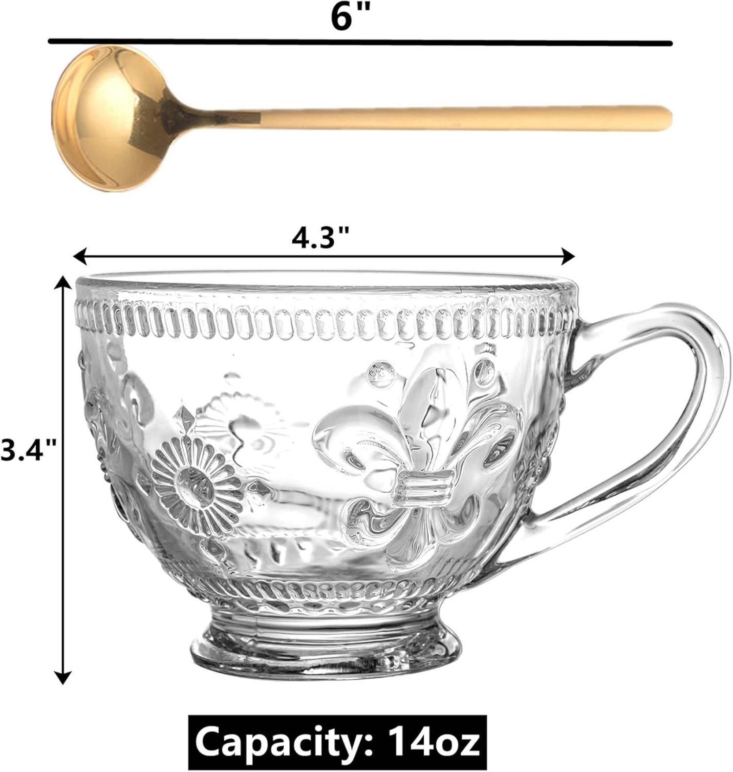 4er Set Vintage Glas Kaffeetassen 400ml mit Löffeln