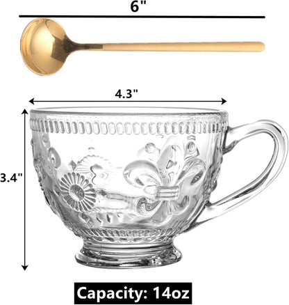 4er Set Vintage Glas Kaffeetassen 400ml mit Löffeln