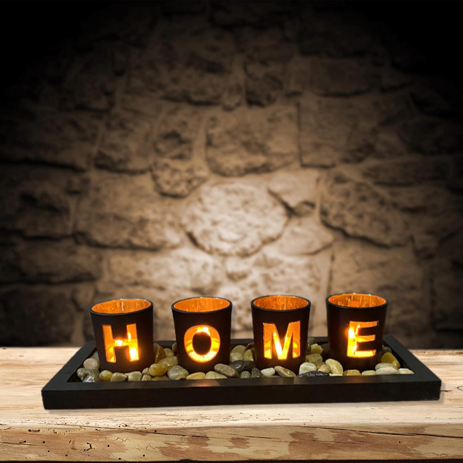 Moderne Teelichthalter Set Schwarz Gold Home Deko Holz Tablett