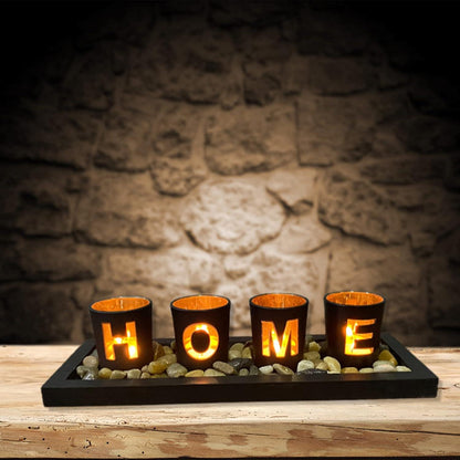 Moderne Teelichthalter Set Schwarz Gold Home Deko Holz Tablett