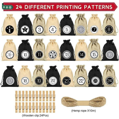 Sprinlot Adventskalender zum Befüllen 24 Stoffbeutel Schwarz