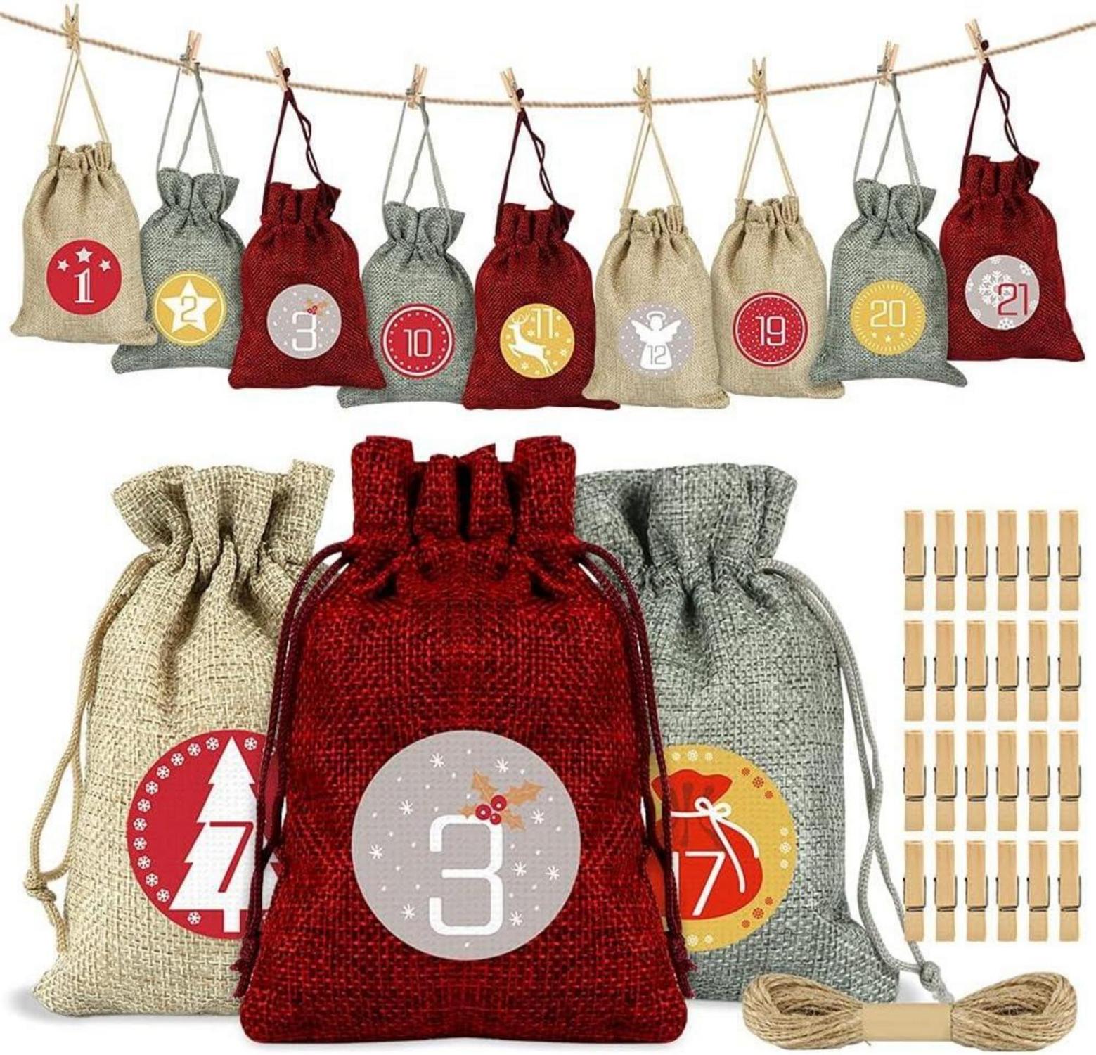 Adventskalender Weihnachtskalender Stoffbeutel zum Befüllen 24