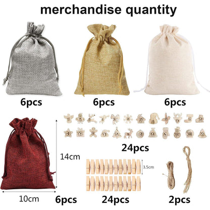 Adventskalender 24 Säckchen mit Holzanhänger und Clips, Weihnachten DIY