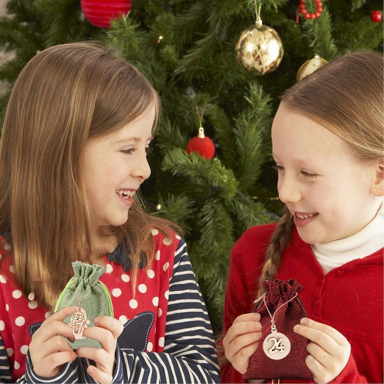 Adventskalender Säckchen Holzanhänger Clips Stoffbeutel Weihnachten
